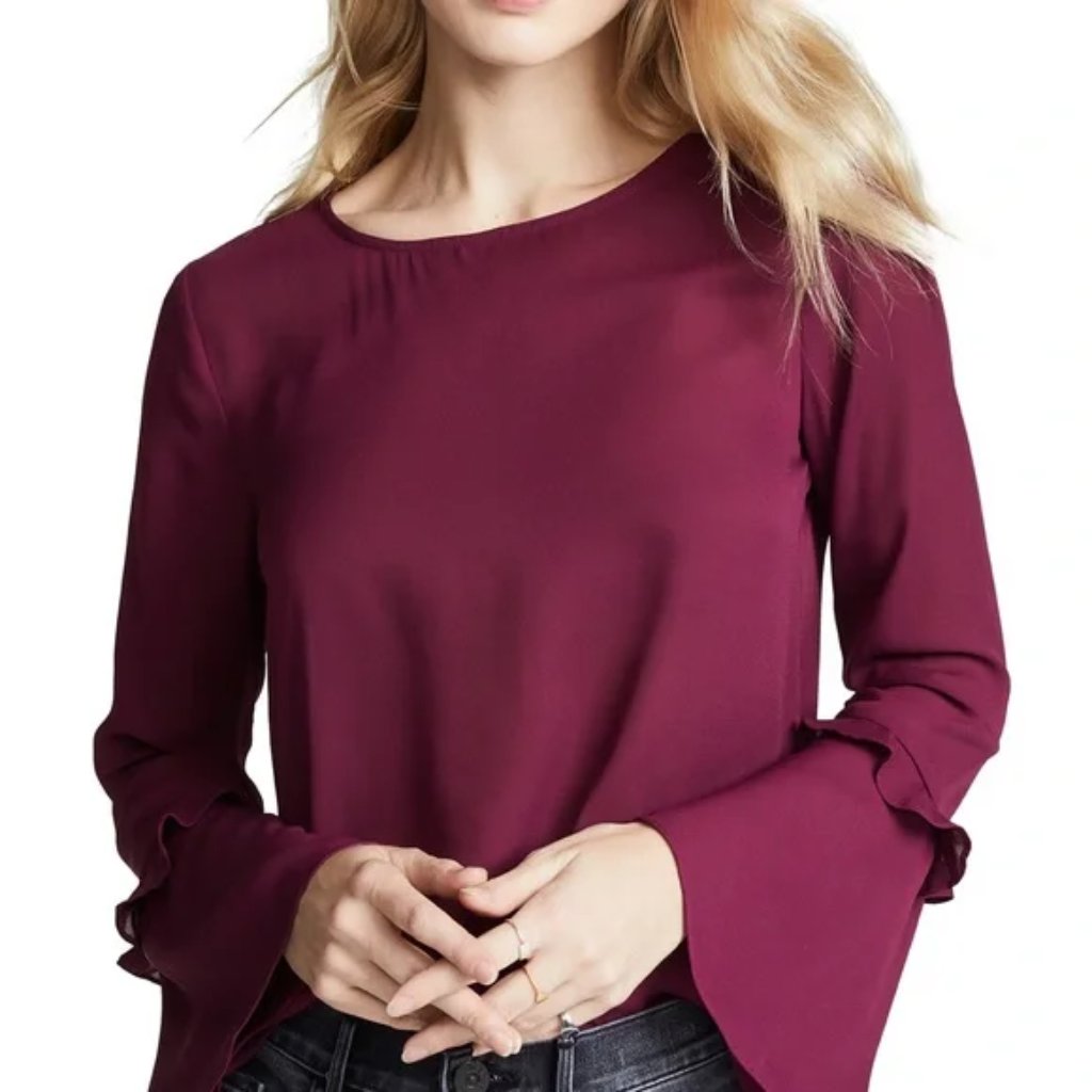 Rebecca Minkoff Cranberry Shanaya Bell-Sleeve Crepe Top Size M Nwt